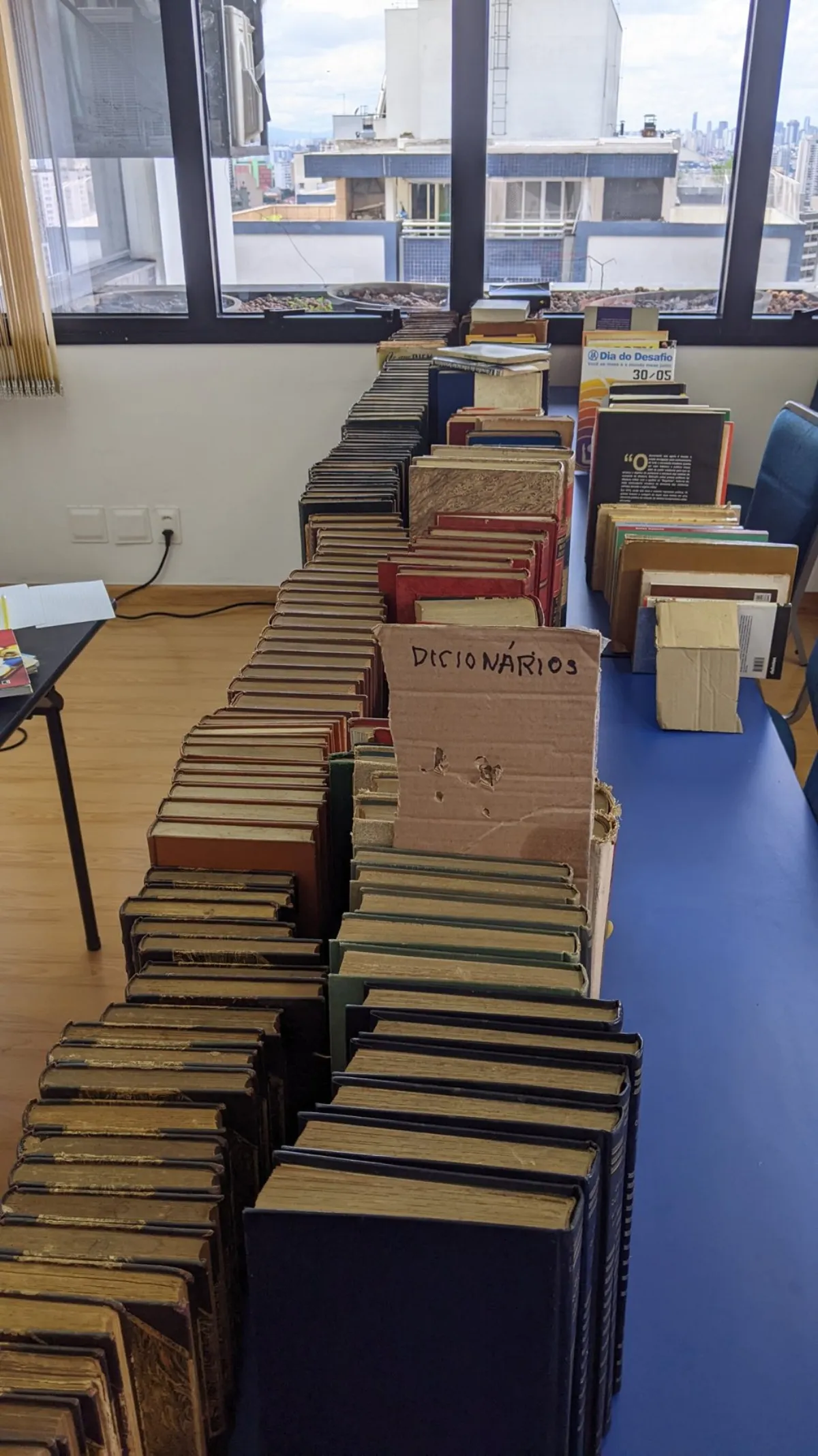 A mesa dos dicionários e a cidade pela janela